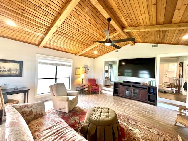 living room featuring wood-type flooring, wood ceiling, lofted ceiling with beams, and ceiling fan