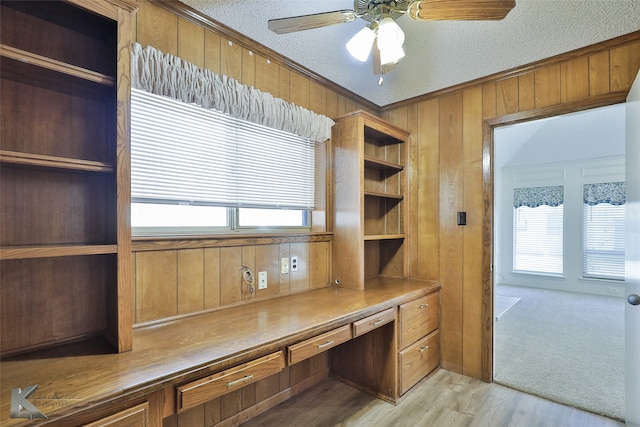 office with wood walls, built in desk, light hardwood / wood-style floors, ceiling fan, and a textured ceiling