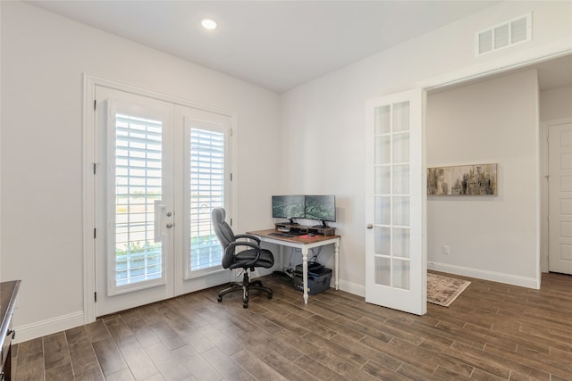 office space featuring french doors and dark wood-type flooring