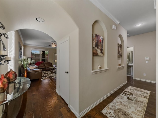 hall featuring dark wood-type flooring and crown molding