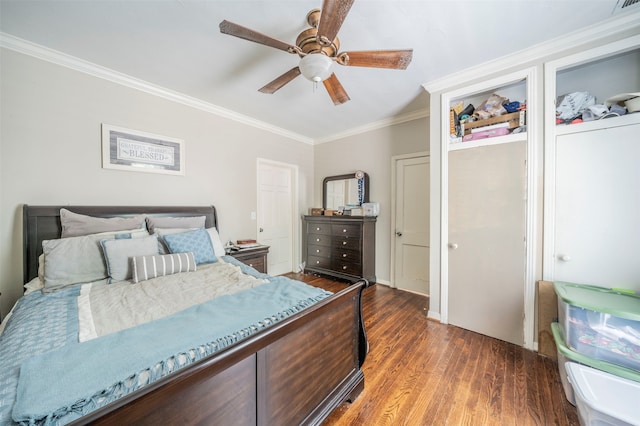 bedroom with ornamental molding, ceiling fan, and dark hardwood / wood-style floors