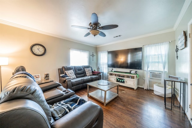 living room featuring ceiling fan, ornamental molding, cooling unit, and dark wood-type flooring