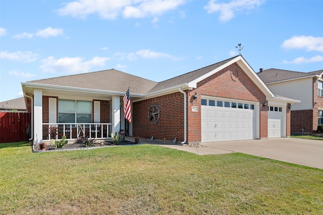 ranch-style home with a garage, a porch, and a front lawn