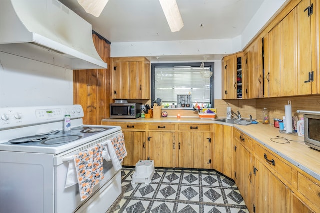 kitchen with electric stove, backsplash, sink, and extractor fan