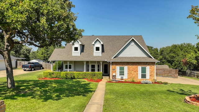 cape cod-style house with a front yard and covered porch