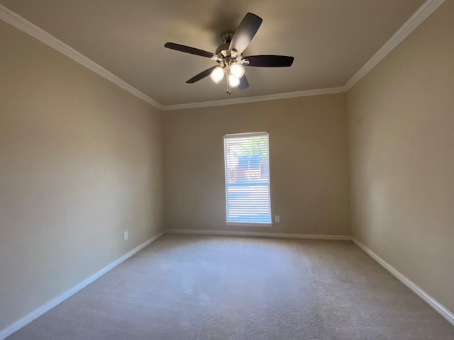 carpeted empty room with ceiling fan and ornamental molding