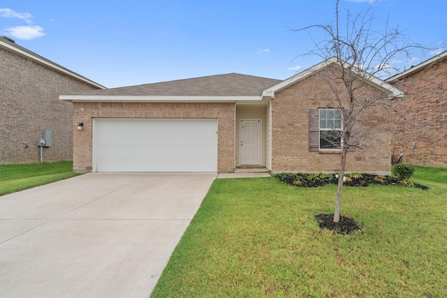 ranch-style home with brick siding, an attached garage, a front yard, and concrete driveway