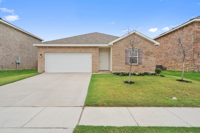 single story home featuring cooling unit, a front yard, and a garage