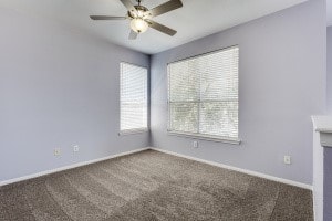 carpeted empty room with ceiling fan and a healthy amount of sunlight