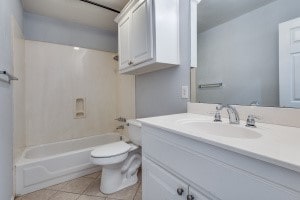 full bathroom with bathing tub / shower combination, tile patterned floors, vanity, and toilet