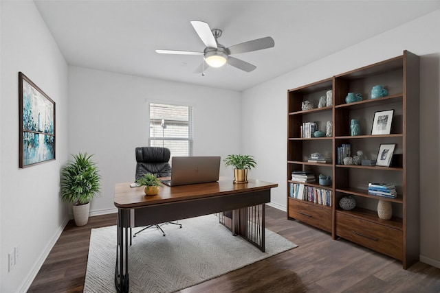 office featuring ceiling fan and dark wood-type flooring