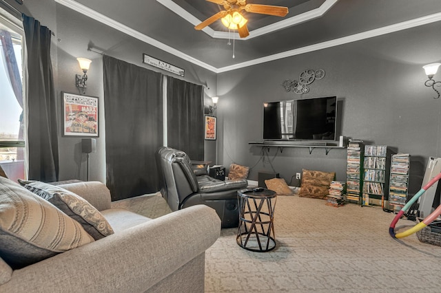 555 Mastadon Way, Weatherford, TX 76085 - cinema room featuring ceiling fan, ornamental molding, a raised ceiling, and carpet