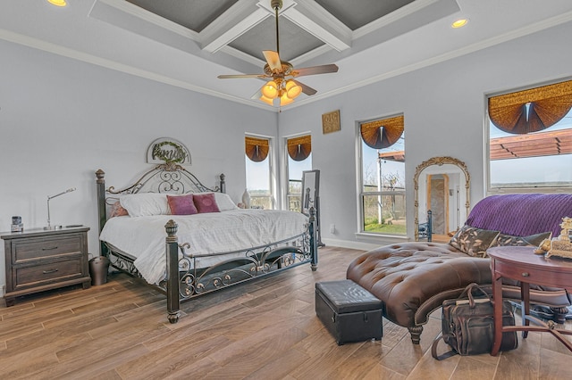 555 Mastadon Way, Weatherford, TX 76085 - bedroom featuring coffered ceiling, beam ceiling, ornamental molding, a ceiling fan, and access to outside