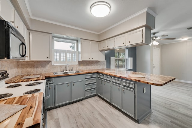 kitchen with sink, kitchen peninsula, gray cabinetry, electric stove, and butcher block counters