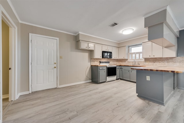 kitchen with wooden counters, gray cabinets, light wood-type flooring, range with electric stovetop, and sink