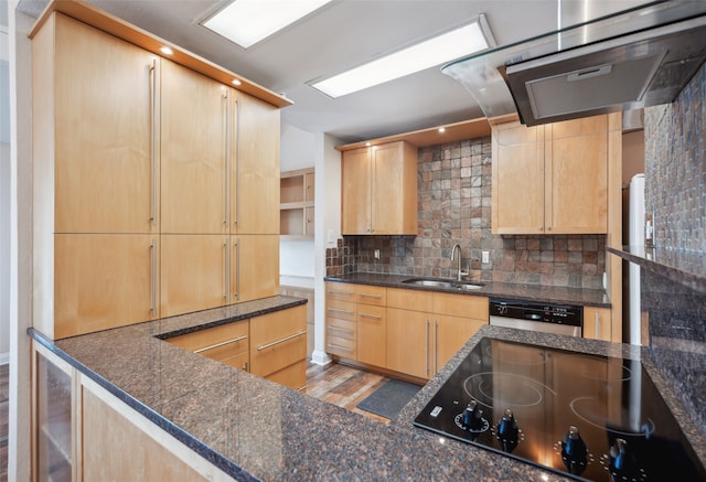 kitchen featuring light brown cabinetry, sink, stainless steel dishwasher, and light wood-type flooring