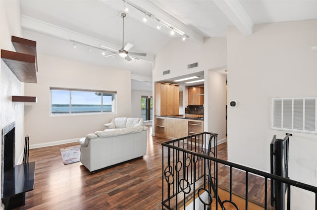 living room with ceiling fan, track lighting, and dark hardwood / wood-style floors