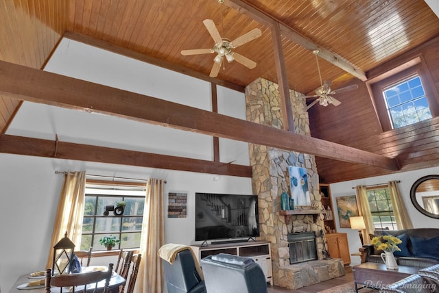 living room with beamed ceiling, ceiling fan, wood ceiling, and a fireplace