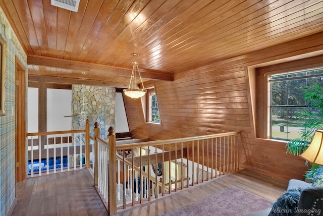 corridor featuring hardwood / wood-style floors, wood walls, and wooden ceiling