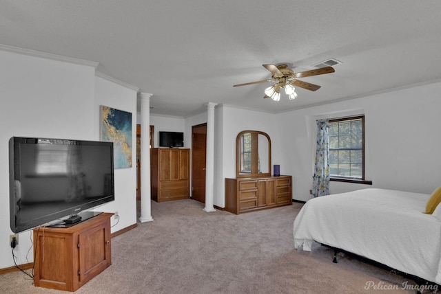 bedroom with light colored carpet, ceiling fan, and ornamental molding