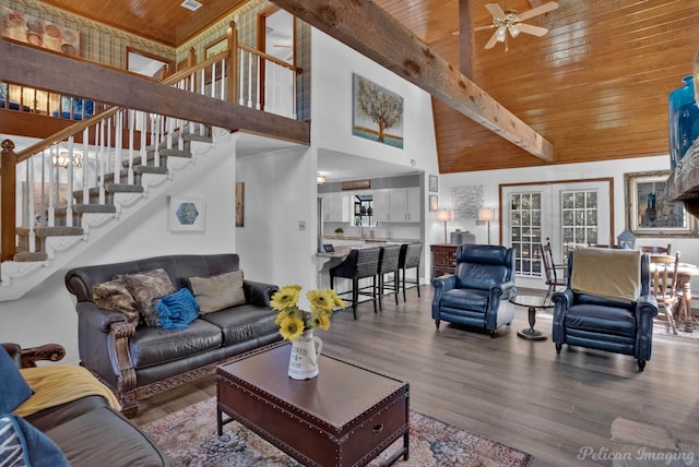 living room with wood ceiling, ceiling fan, wood-type flooring, beam ceiling, and high vaulted ceiling