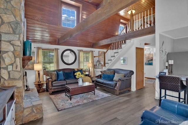 living room with beamed ceiling, light hardwood / wood-style floors, wooden ceiling, and high vaulted ceiling