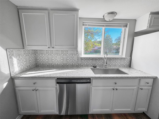 kitchen featuring light stone counters, stainless steel dishwasher, white cabinets, sink, and backsplash