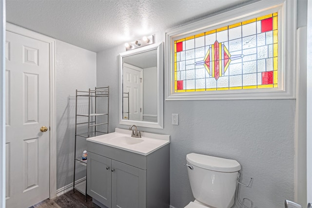 half bath featuring wood finished floors, vanity, a textured wall, and a textured ceiling