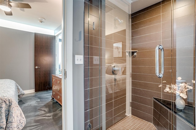 bathroom with walk in shower, vanity, and ceiling fan