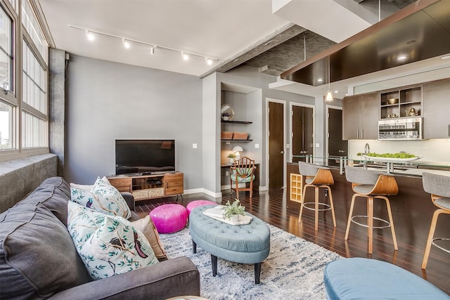 living room with rail lighting and dark hardwood / wood-style floors