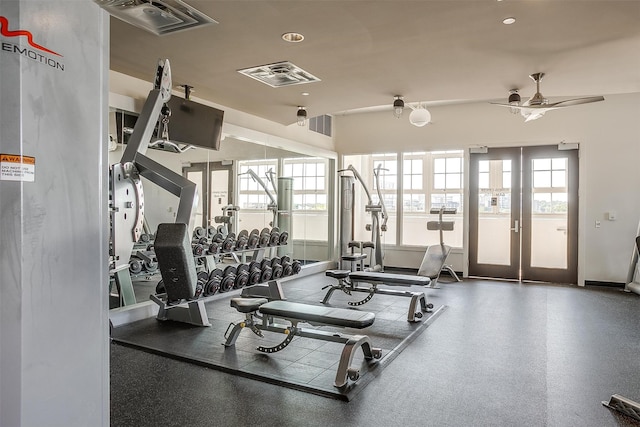 gym featuring ceiling fan