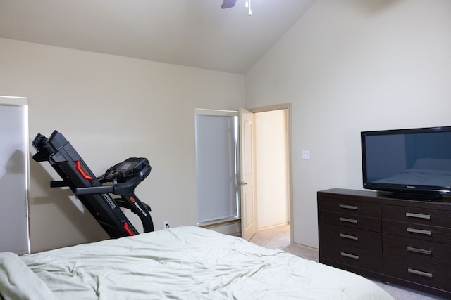 bedroom featuring light carpet, high vaulted ceiling, and ceiling fan