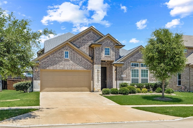 craftsman inspired home with a garage and a front lawn