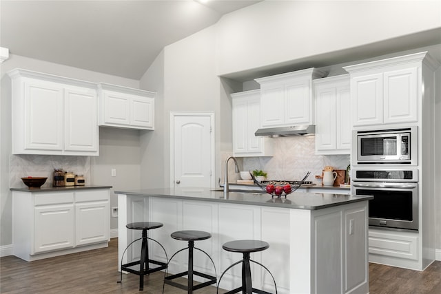 kitchen featuring white cabinets, a kitchen island with sink, stainless steel appliances, and sink