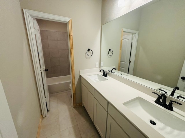 full bathroom with tile patterned floors, vanity, toilet, and tiled shower / bath combo