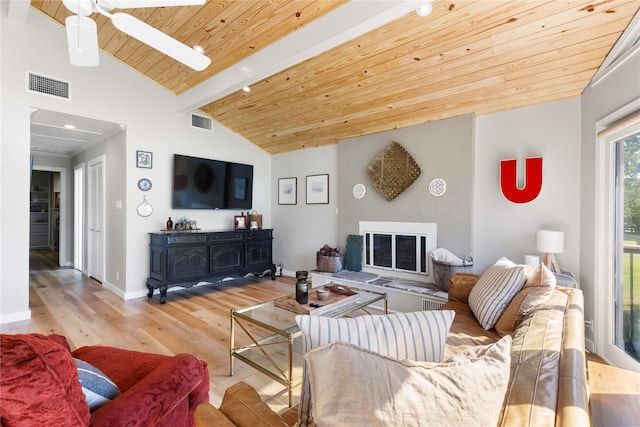 living room featuring ceiling fan, light wood-type flooring, vaulted ceiling with beams, and wood ceiling