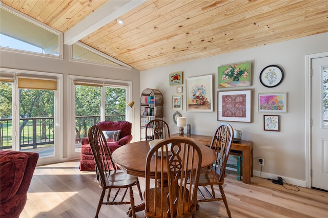 dining area featuring wooden ceiling, lofted ceiling with beams, and light hardwood / wood-style flooring