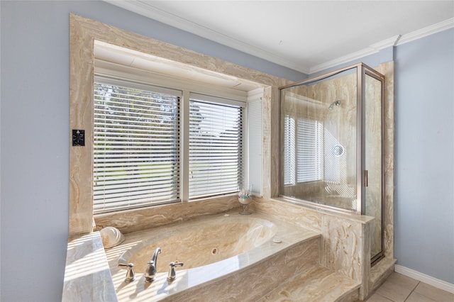 bathroom with crown molding, tile patterned floors, and independent shower and bath