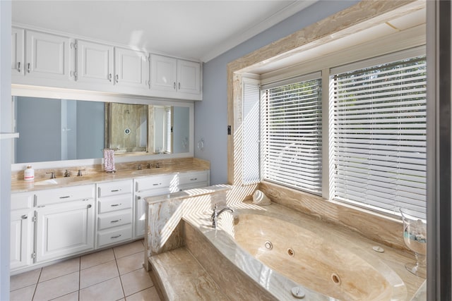 bathroom featuring a tub, crown molding, tile patterned flooring, and vanity