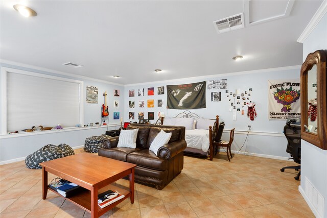 tiled bedroom with ornamental molding