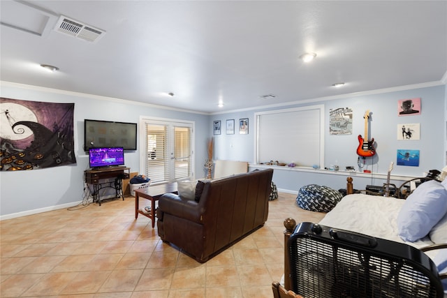 tiled living room featuring french doors and crown molding