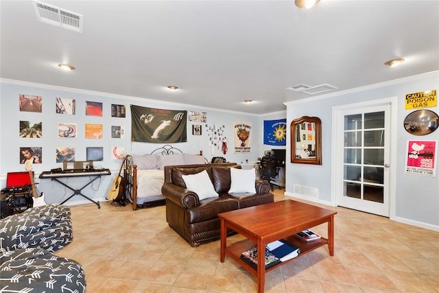 living room with crown molding and light tile patterned floors