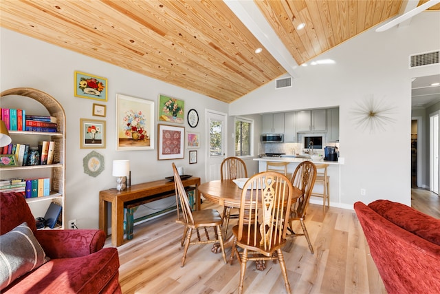 dining room with light wood-type flooring, high vaulted ceiling, beam ceiling, and wooden ceiling