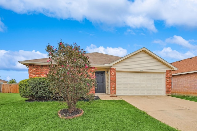 ranch-style home with a garage and a front lawn