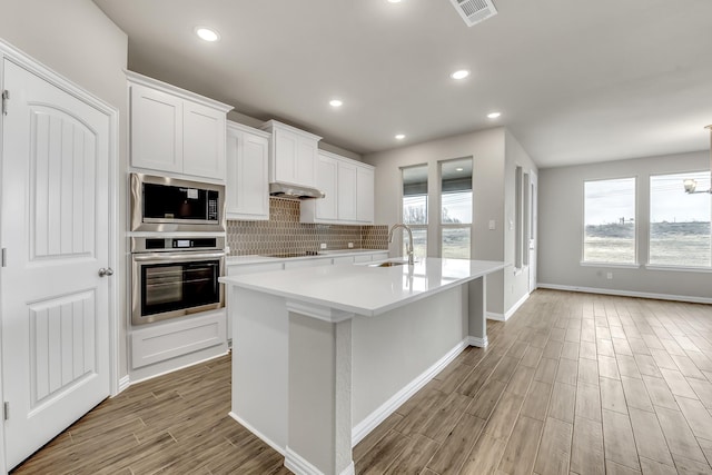 kitchen with sink, white cabinetry, a kitchen island with sink, and tasteful backsplash