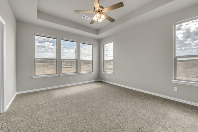 spare room with a raised ceiling, ceiling fan, and carpet floors