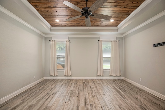 spare room featuring ceiling fan, light wood-type flooring, and wooden ceiling