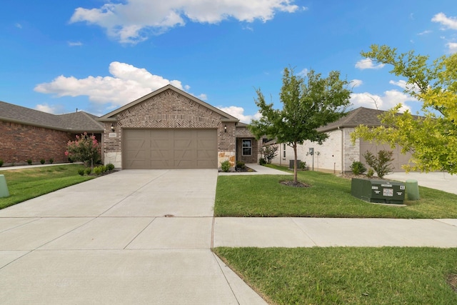 ranch-style house with a front yard and a garage