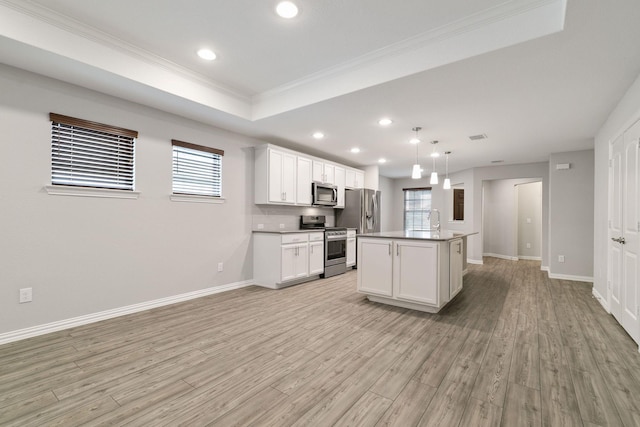 kitchen with appliances with stainless steel finishes, white cabinetry, an island with sink, hanging light fixtures, and a tray ceiling