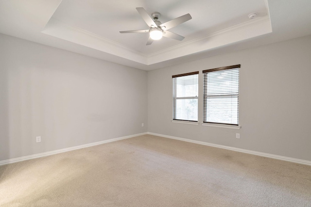 carpeted spare room featuring ceiling fan, ornamental molding, and a raised ceiling